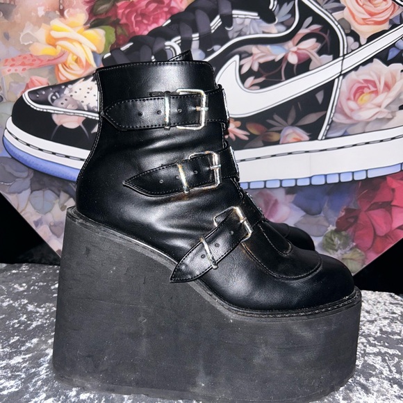 Demonia Black Chunky Platform Shoes with Thick Straps and High Sole - Picture 3 of 6